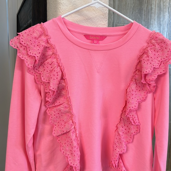 NWOT Lilly Pulitzer Deva Ruffle Sweatshirt Eyelet Pink Size XS - Picture 3 of 13